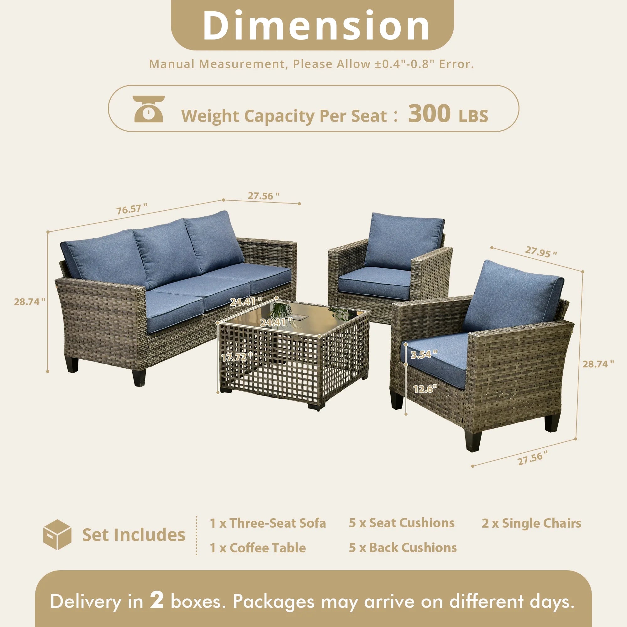 Outdoor Patio Furniture Sets with Solar Coffee Table, All-Weather Wicker Rattan Outdoor Furniture Conversation Set for Porch, Patio, Backyard--Blue