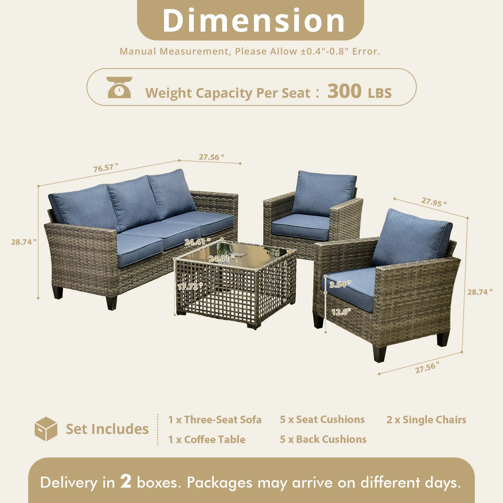 Outdoor Patio Furniture Sets with Solar Coffee Table, All-Weather Wicker Rattan Outdoor Furniture Conversation Set for Porch, Patio, Backyard--Blue