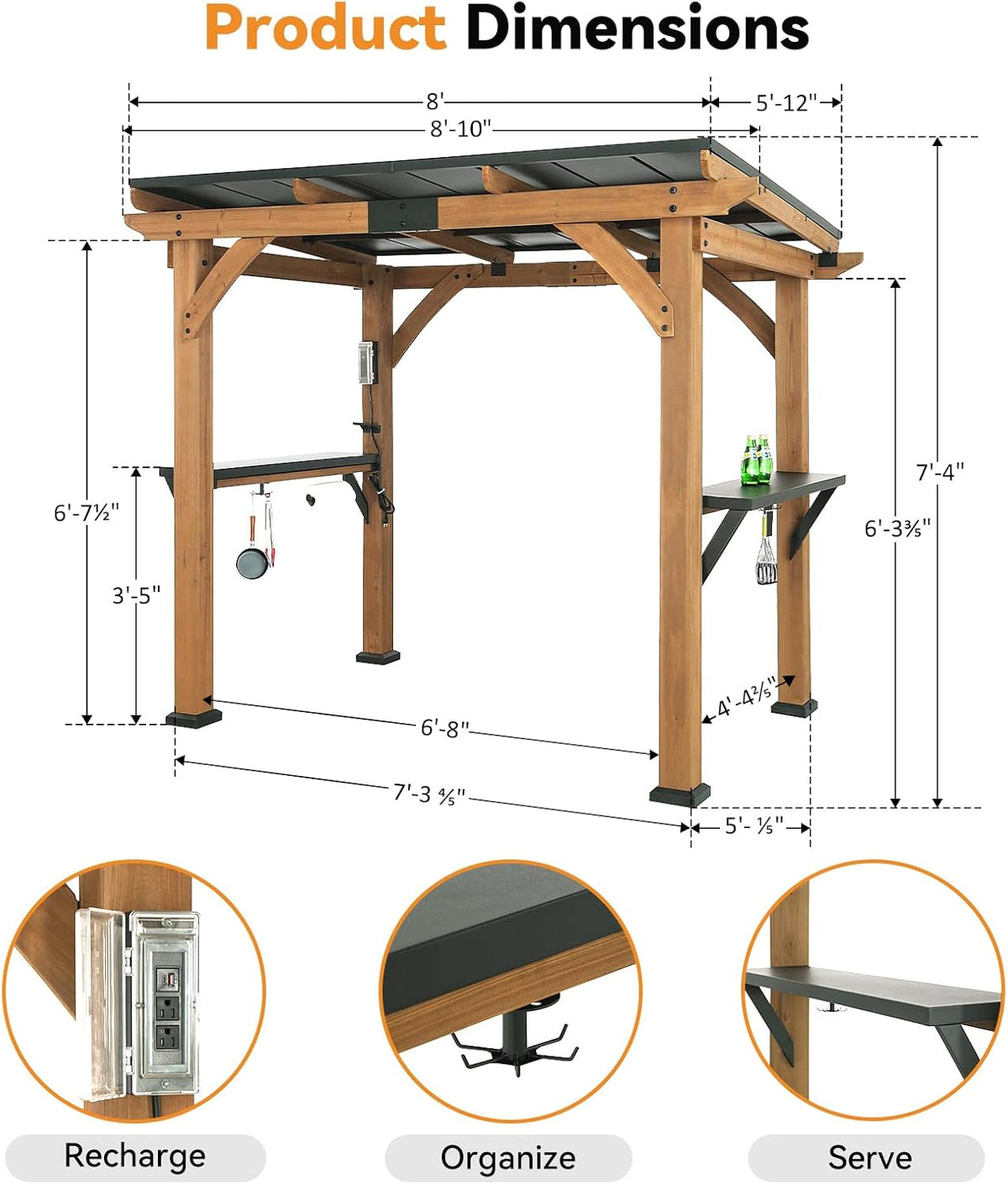 Modern Shade Wood Grill Gazebo 6X8 with USB Charging Power Strip & Shelves