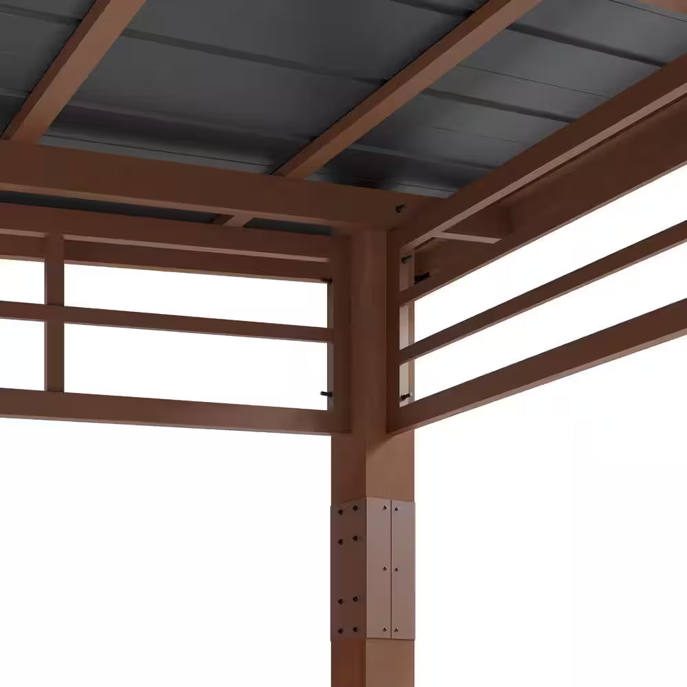 Chandler 10 Ft. X 12 Ft. Brown Cedar Wooden Gazebo Pavilion with Hard Top Iron Slope Roof Grill Gazebo