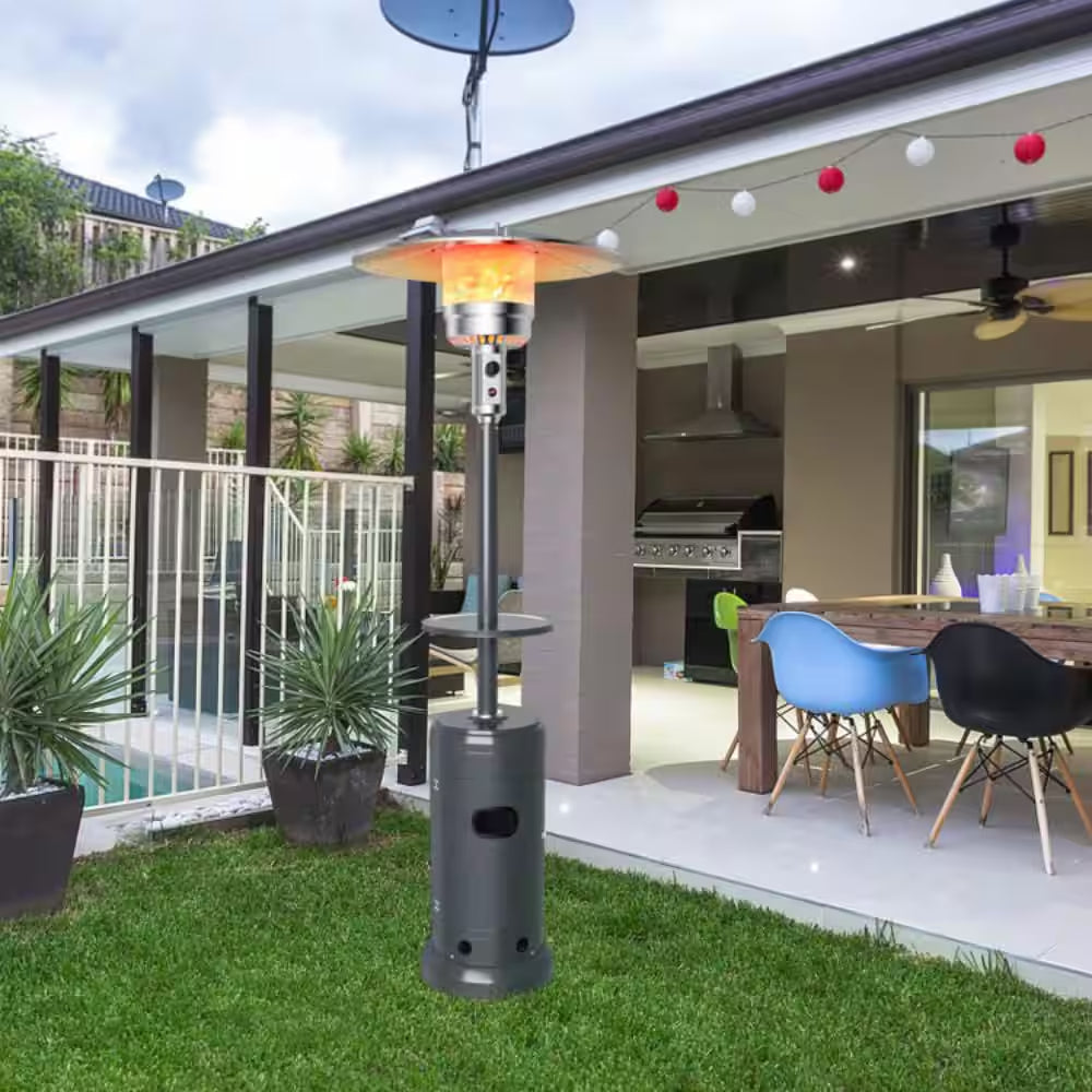 48,000 BTU Gray Outdoor Propane Patio Heater with Table and Wheels, Tip-Over Protection, Freestanding Outdoor Heater