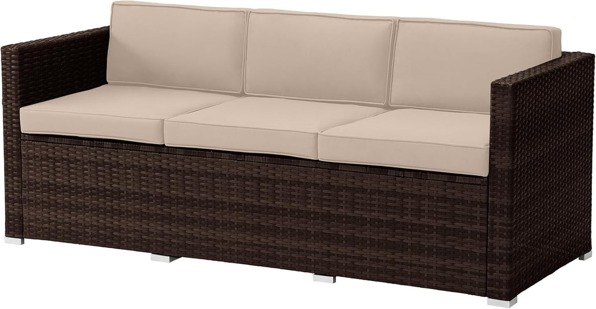 Patio Furniture Set - 3-Piece Rattan Outdoor Sectional, Ottoman, and Table Combo - Deck, Pool, Sunroom, or Backyard Furniture (Brown)