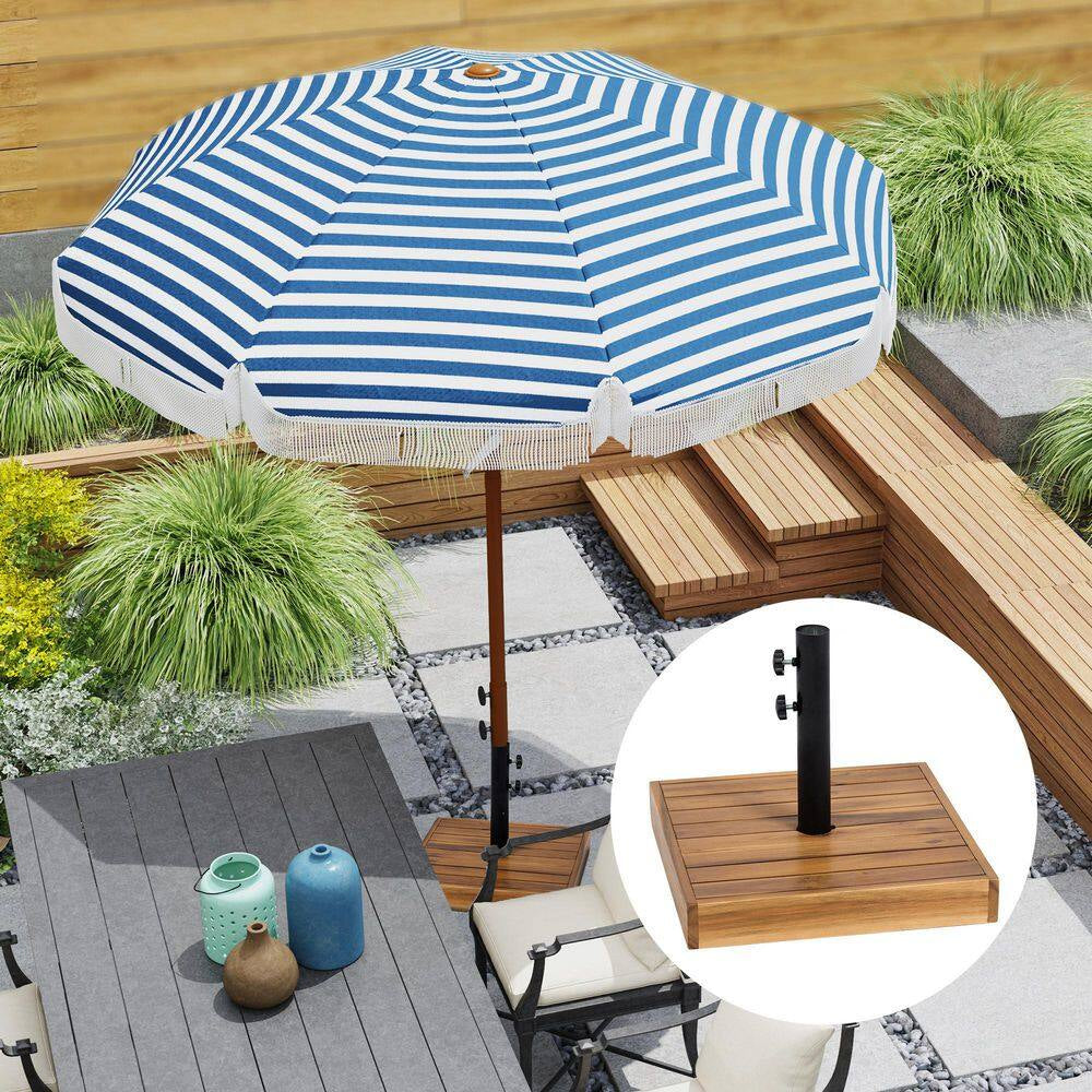 Wood Square Patio Umbrella Base, 42 Lbs. Concrete Heavy Duty Umbrella Base with Holder for 1.25 In. /1.5 In. Poles, Teak
