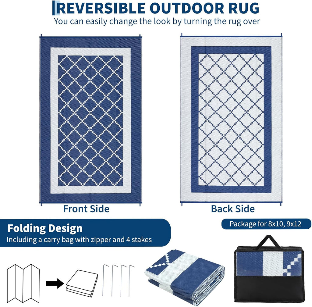 Outdoor Rug 8X10 Patio Waterproof Reversible Plastic Straw Rug, Large Uv-Resistant Portable RV Camping Mats with 4 Stakes & Carry Bag Boho Geometric Carpet for outside Deck Porch Garden, Navy