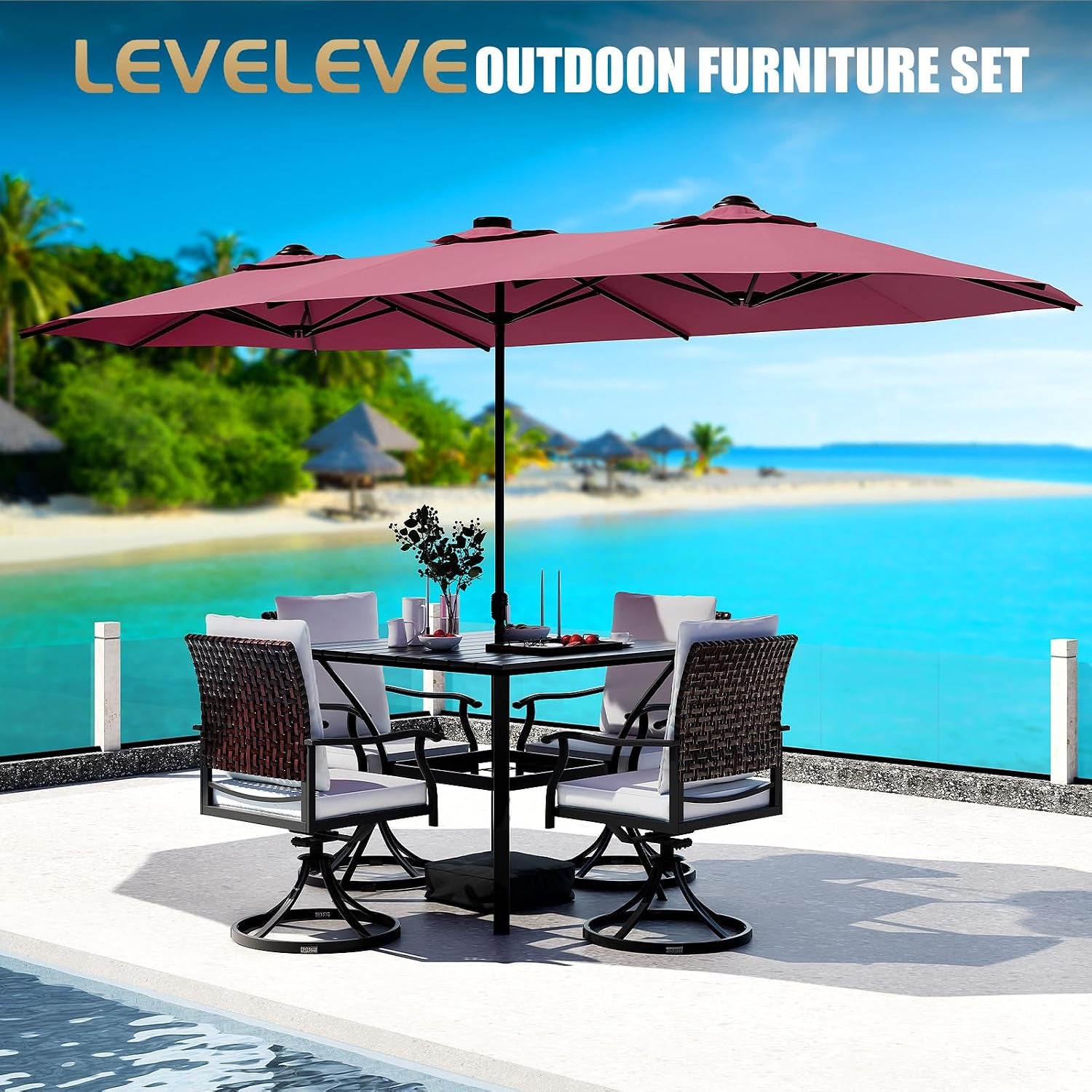 15FT Double-Sided Patio Umbrella with Base Included, Large Outdoor Rectangular Market Umbrella for Backyard, Poolside, Lawn & Garden