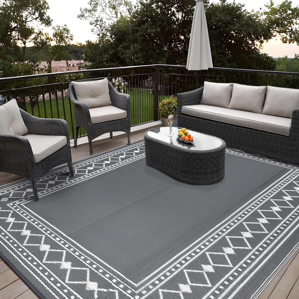 Large Outdoor Rug 10X14 Waterproof Patio Modern Border Reversible Camping Mat Plastic Straw Outdoor Rug for Patio, RV, Deck, Balcony, Backyard, Picnic, Beach, Clover,Grey
