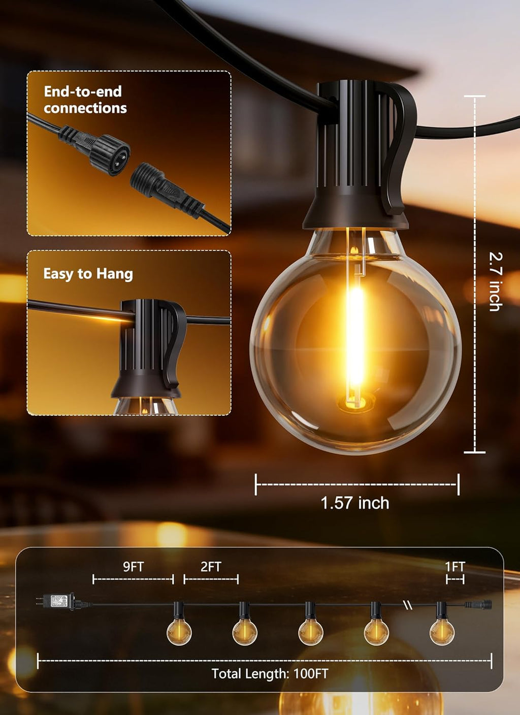 Outdoor String Lights, 100FT Shatterproof LED Patio Lights with 46 Dimmable Plastic G40 Bulbs, 2700K Waterproof Connectable Hanging String for Backyard, Cafe, Porch, Deck, Home Decor