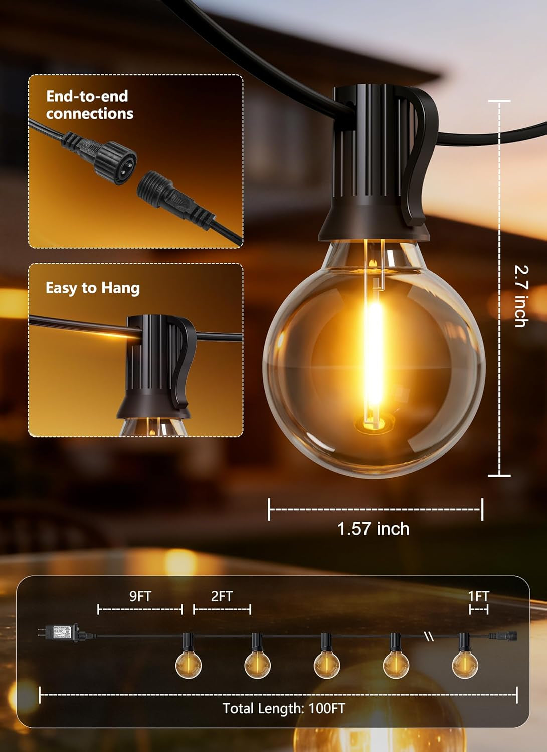 Outdoor String Lights, 100FT Shatterproof LED Patio Lights with 46 Dimmable Plastic G40 Bulbs, 2700K Waterproof Connectable Hanging String for Backyard, Cafe, Porch, Deck, Home Decor