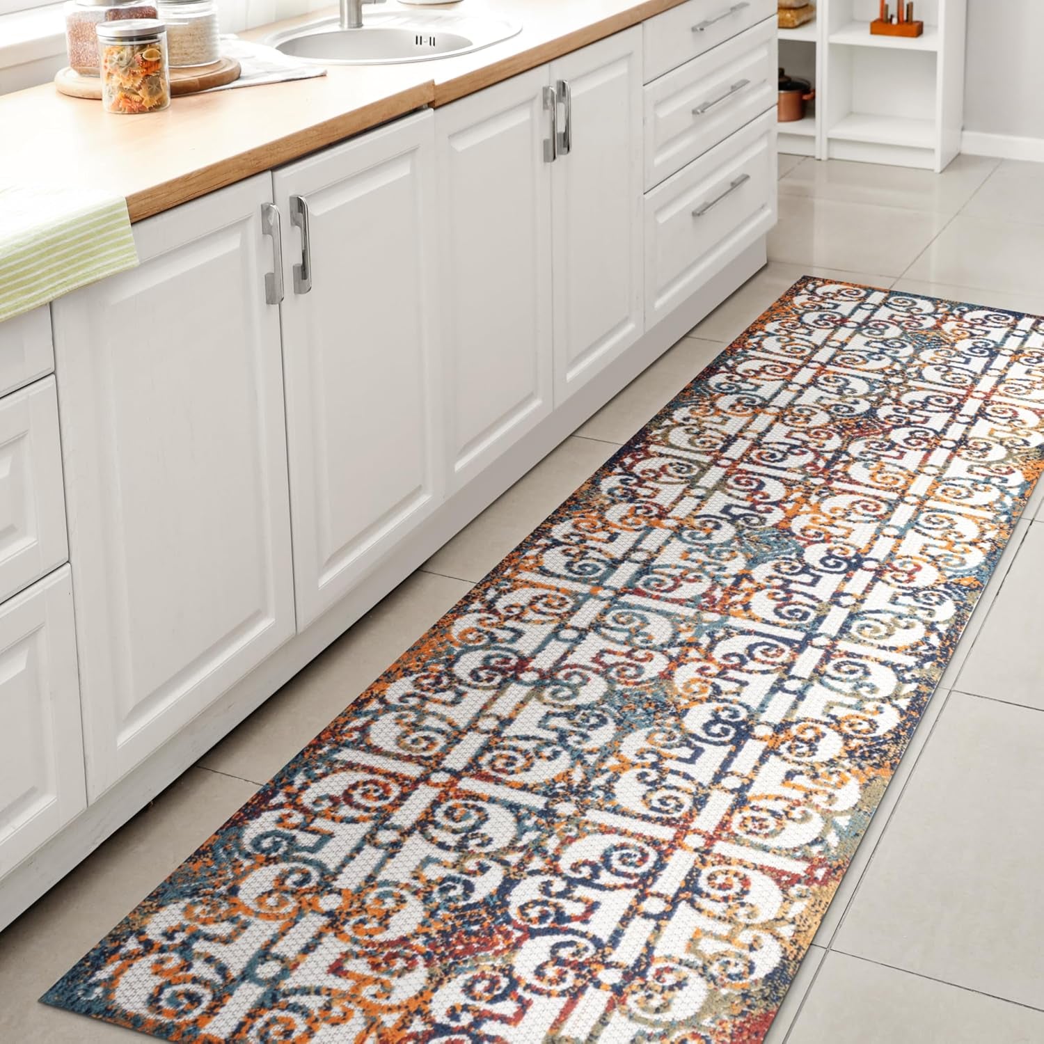 Ornate Trellis Indoor Outdoor Runner Rug 2X8 Cream/Blue/Orange, Cetara for Backyard, Patio, Porch, Easy-Cleaning, High Traffic, Pet-Friendly, Non-Shedding (AMC111A-28)