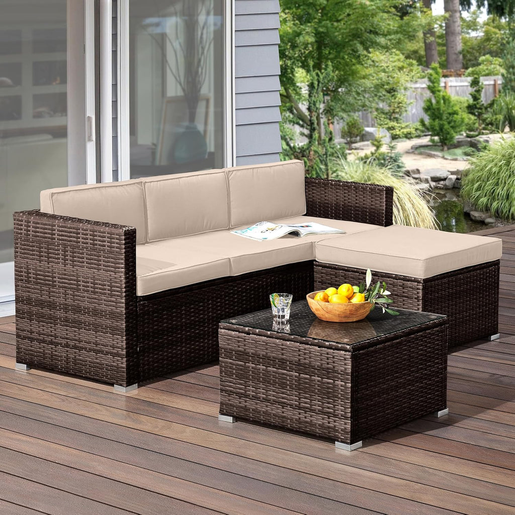 Patio Furniture Set - 3-Piece Rattan Outdoor Sectional, Ottoman, and Table Combo - Deck, Pool, Sunroom, or Backyard Furniture (Brown)