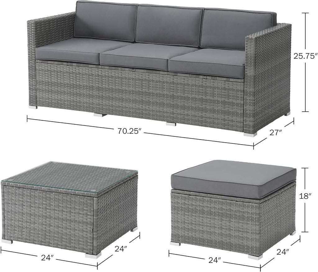 Patio Furniture Set - 3-Piece Rattan Outdoor Sectional, Ottoman, and Table Combo - Deck, Pool, Sunroom, or Backyard Furniture by  (Gray)