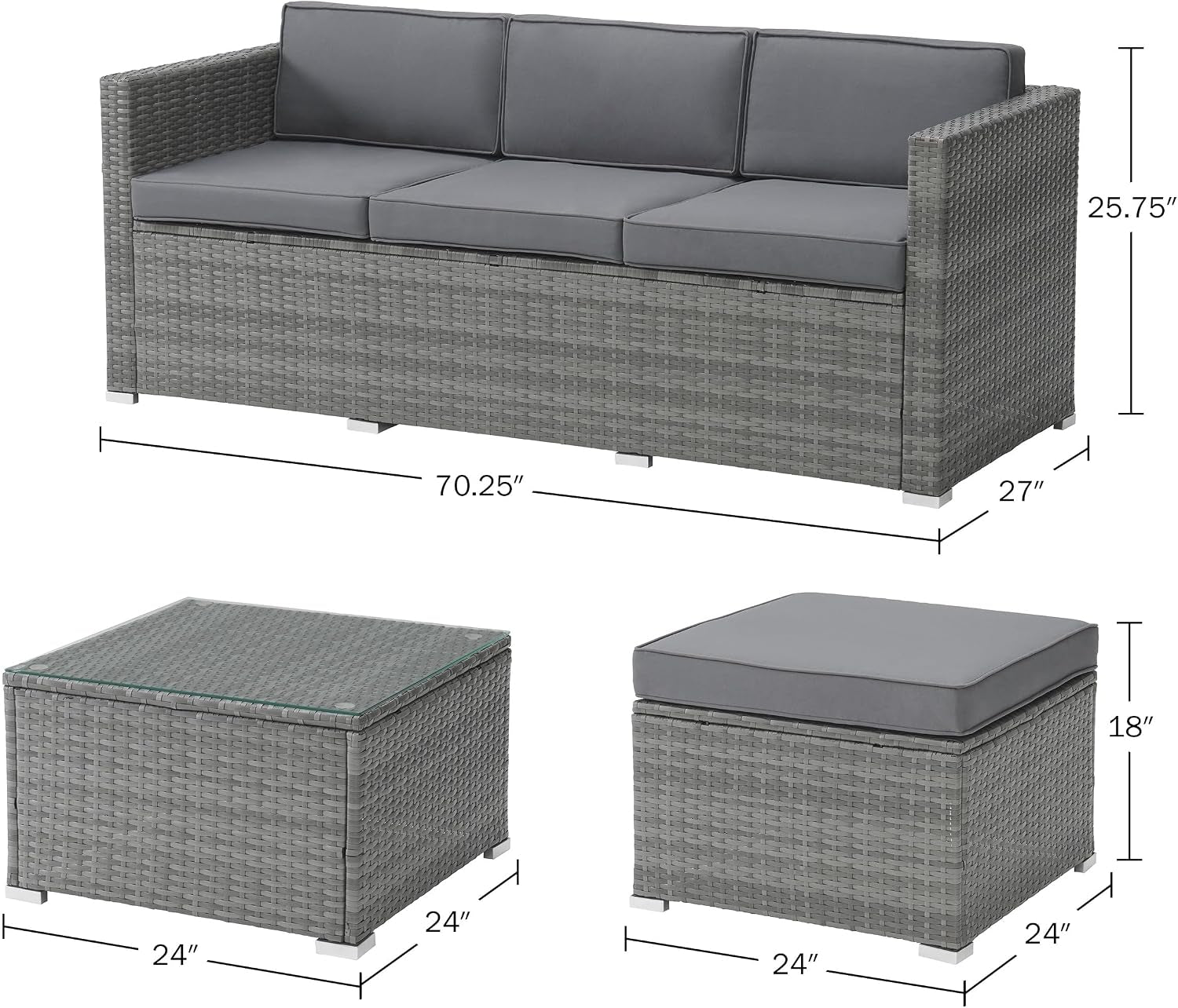 Patio Furniture Set - 3-Piece Rattan Outdoor Sectional, Ottoman, and Table Combo - Deck, Pool, Sunroom, or Backyard Furniture by  (Gray)